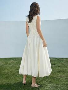 Ontre Women's Elegant White Summer Mid-Length Dress,Lace Patchwork Round Neck Sleeveless Fitted Waist,Dining Wedding Guest Attire,Vintage High-End Woven - Apricot - View 3