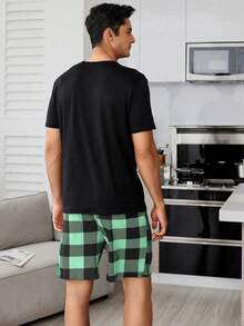 SHEIN 2pcs Plaid Print Men Sleepwear Pajama Set - Black - View 2