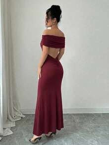 Rafferiza Fashionable Elegant Off-Shoulder Mesh Sexy Dress - Burgundy - View 5
