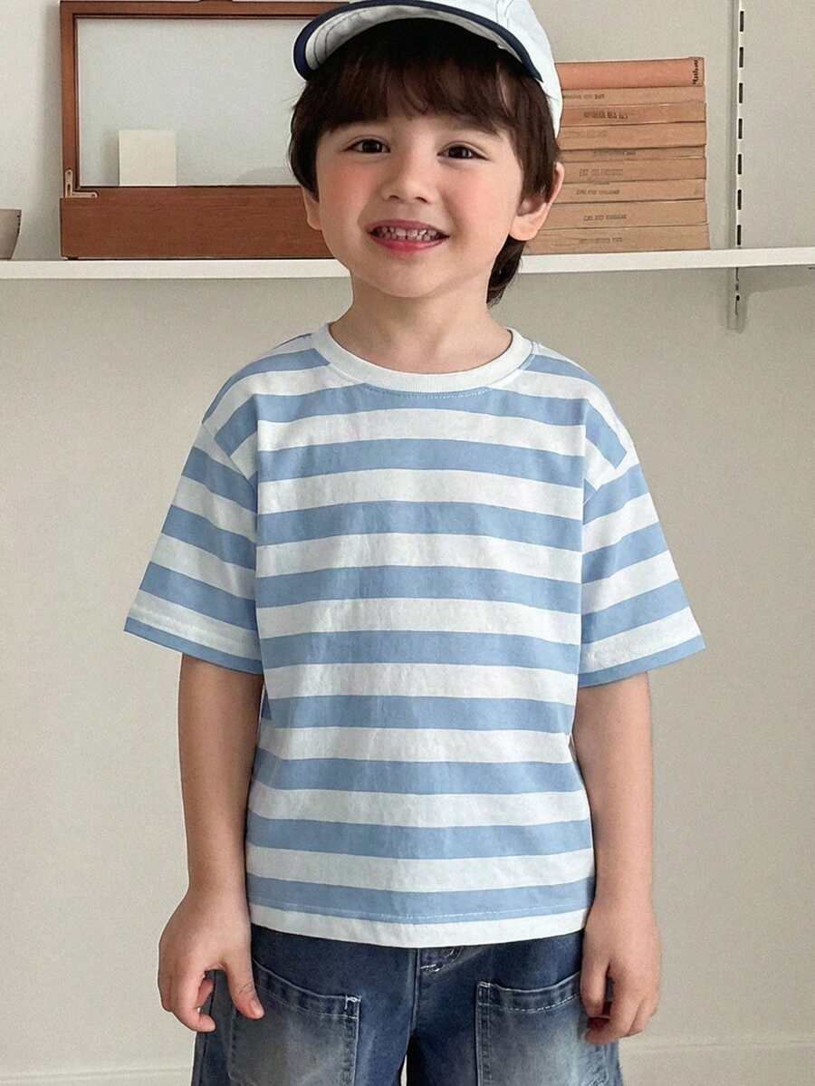 DAZY Camiseta de manga corta de cuello redondo con contraste de color para niños pequeños - Azul - Ver 1