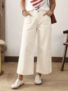 EMERY ROSE Plus Size Women Pocketed Button Casual Versatile Daily Wear Wide Leg Jeans - Beige - View 8
