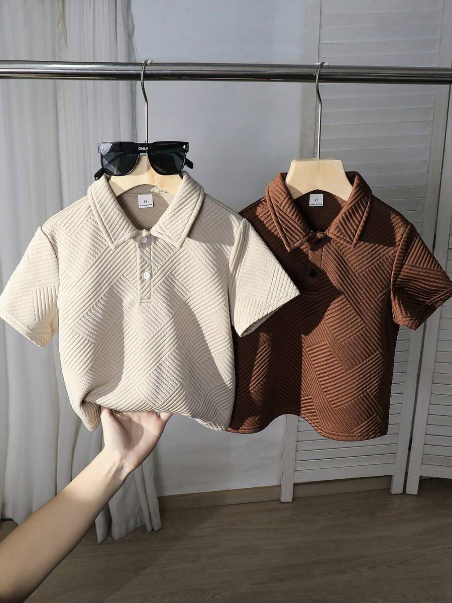 SHEIN 2件装男童休闲校园风纹理面料Polo衫，舒适百搭 - 棕色 - 查看 1