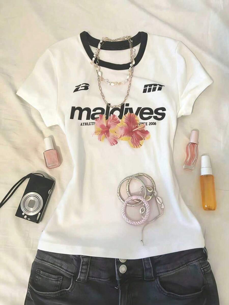 SHEIN 女士夏季字母花卉印花修身短袖T恤 - 彩色 - 查看 1