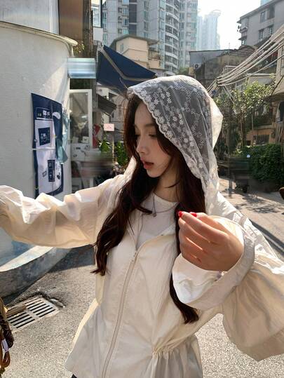 DAZY 女士人造丝蕾丝拼接双层连帽抽绳休闲短款外套