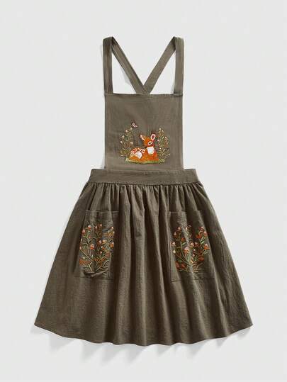 ROMWE Fairycore 大码复古刺绣小鹿田园风背心裙