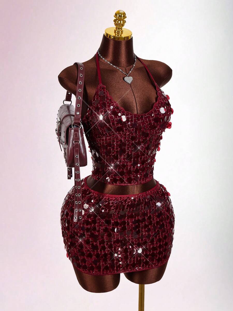 Amplova 2026 New Sequin Sheer Halter Neck Tank Top And Mini Skirt Set For Women - Burgundy - View 1