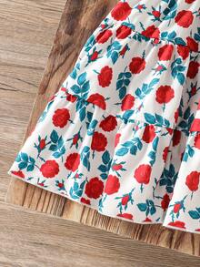 SHEIN Genkimix Kids Vestido de niña con estampado de rosas, tirantes finos y volantes en el bajo, estilo campestre de vacaciones, primavera/verano - Multicolor - Ver 5