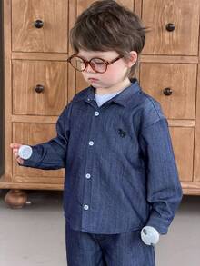DAZY Toddler Boys' Turndown Collar Long Sleeve Korean Style Embroidered Denim - Blue - View 4