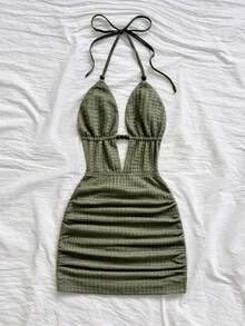 Soleia 女士度假纯色褶皱性感吊带迷你连衣裙 - 軍綠色 - 查看 5