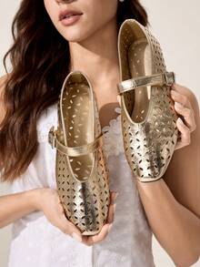 CUCCOO CHICEST Zapatos planos de mujer con puntera redonda, cómodos, tipo Mary Jane, con patrón láser vintage simple, para primavera, vacaciones de primavera, Pascua y Navidad - Dorado - Ver 6