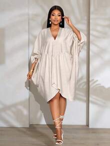 SOLERSUN Nouvelle arrivée printemps/été grande taille, tissu similaire au lin, peau-friendly et respirant, col V, col montant, manches chauve-souris, design taille haute avec cordon de serrage, robe courte plissée en forme de cocon fendu. Convient pour les dîners, les rendez-vous, les soirées cocktail, les fêtes de remise des diplômes, la Saint-Valentin, la saison des mariages, les tenues d'invités, les vacances décontractées élégantes, le carnaval, les festivals de musique, vêtements féminins sexy et . - Nude - Voir 3