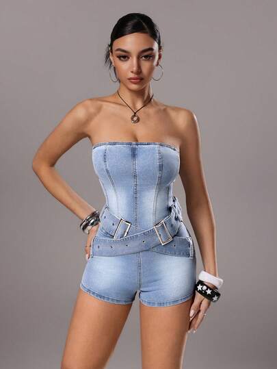 TRNVIE Fashionable Casual Rivet Decorated Sexy Tube Top Denim Romper