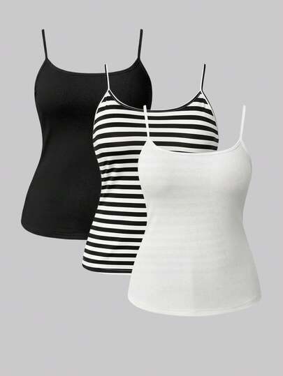 Auralis 大码女装春夏时尚休闲弹力舒适日常百搭显瘦多色吊带背心3件装，外出上衣，夏季穿搭，打底衫