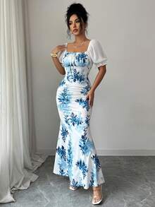 Elenzga Vestido midi de mujer con cuello cuadrado, estampado floral, manga corta, lazo en la cintura. Elegante para uso diario, vacaciones, salidas, fiestas, primavera/verano - Multicolor - Ver 4