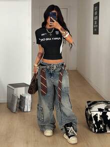 Coolane 女士夏季 Y2K 街头复古风演唱会锐舞节外出黑色短款 T 恤 - 黑與白 - 查看 2