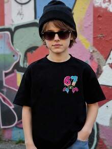 Camiseta de niño con estampado gráfico de mando de juego casual, tela suave y cómoda, primavera/verano - Negro - Ver 2