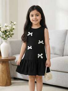 Summer New Girls Toddler Sleeveless Dress With Ruffled Hem And Bow Accent, White - Black - View 1