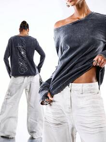 LYSMO 2026 New Arrive Minimalism Spring/Summer Women's Casual Letter Rhinestone Embellished Long Sleeve T-Shirt, Spring/Autumn/Summer Outfits For Women /Spring Outfit Women /Valentine's Day / Valentine Outfits For Women /Valentine Clothes /Valentine's Day Outfit /Birthday Outfits For Women /Going Out Top/Going Out Tops For Women /Elegant Dress Women /Elegant Women's Blouses / Elegant Blouses For Ladies / Casual Blouses For Women /Vacation Outfits Women / Holiday Outfits For Women / Y2k Clothes / 2000s Style/Y2K Tops/Carnival Costume /Carnival Women Look 2026 /Party Top/Party Outfit - Black - View 1