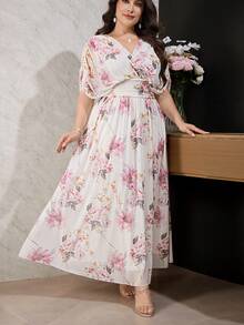 Modelyn Plus Size Women's Elegant Floral Print Ruffle Batwing Sleeve Waist Tie Maxi Dress, Summer Resort Style - Pink - View 7