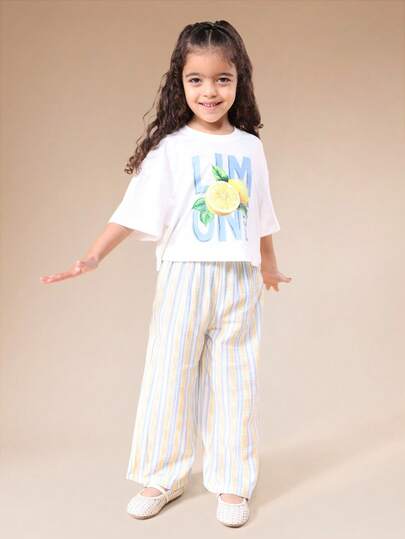 SUMWON Oversized Young Girls Summer Lemon Print T-Shirt And Striped Wide Leg Palazzo Pants Two Piece Co-Ord Set