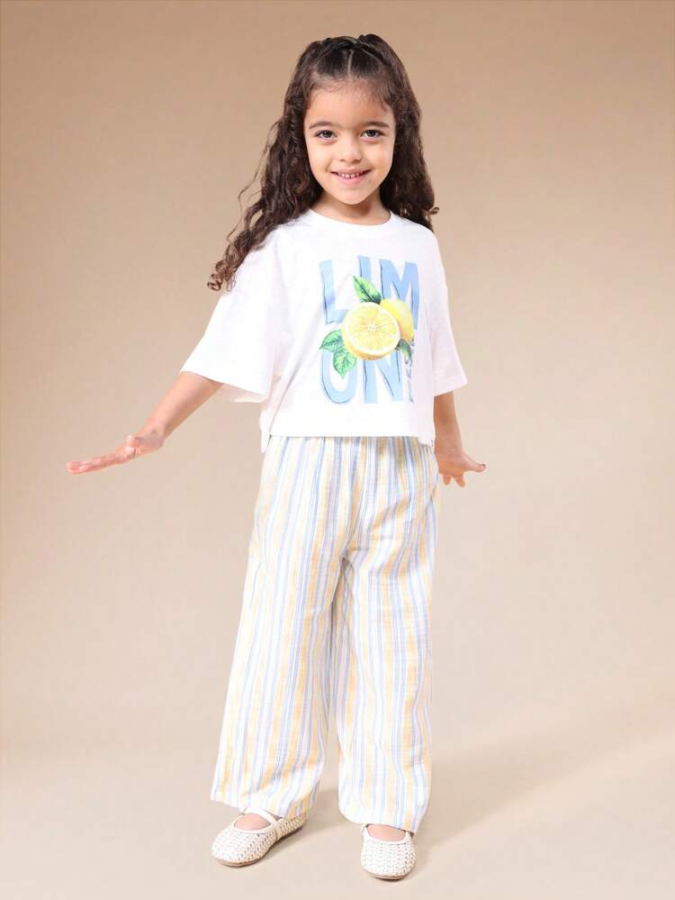 Lemon Print T-Shirt With Striped Palazzo Pants Set