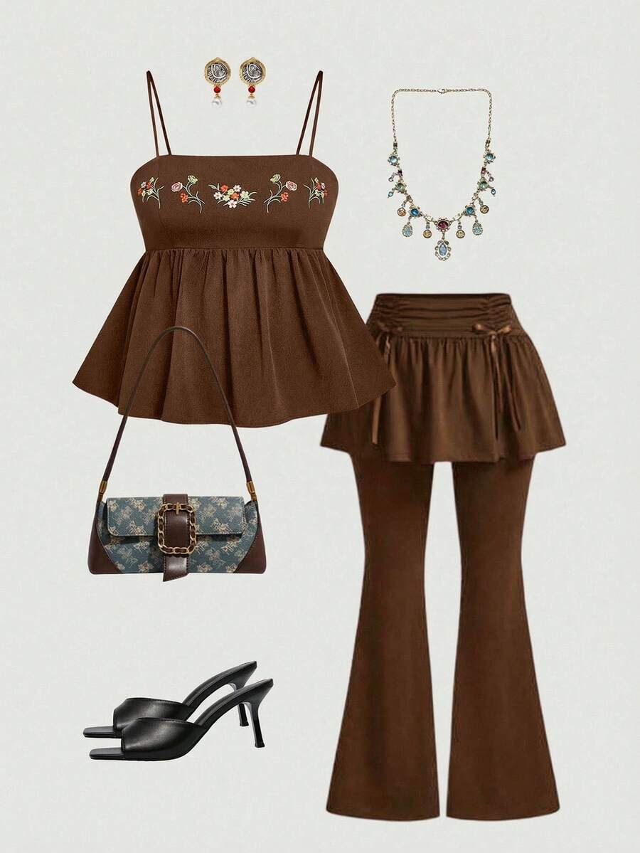 SHEIN MOD Plus Size Floral Embroidered Lace Camisole Top, Vintage Style Vacation - Brown - View 1