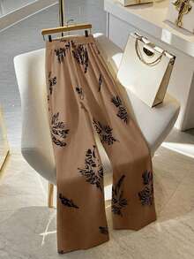 GlowEve Quần ống rộng dáng suông in họa tiết dành cho nữ, thiết kế cạp quần thanh lịch, phù hợp cho mặc hàng ngày, đi làm, dạo phố, công sở, phong cách Pháp, mùa xuân/hè & thu/đông. - màu nâu - Xem 2