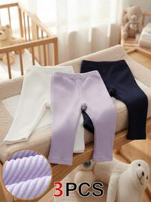 SHEIN Playful Pals 3pcs/Set Baby Girls' All-Match Casual Solid Color Stretchy Leggings, Pants, Tights, Infant Bottoms, Infant Trousers Set, Knit Corduroy Baby GirlLeggings, Suitable For Spring, Summer, Autumn, Winter - Multicolor - View 7