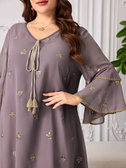 Al Najma Spring Embroidered Double-Layer Flare Sleeve Splice Gold Ribbon Romantic Plus Size Arabic Dress