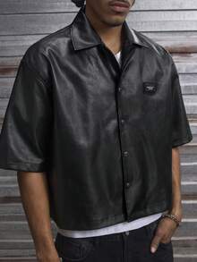 AXEPEAK Áo sơ mi nam tay ngắn cổ bẻ cài khuy đơn, chất liệu giả da PU, đính ngọc trai giả, thời trang, đa năng, phù hợp cho công sở. - màu đen - Xem 8