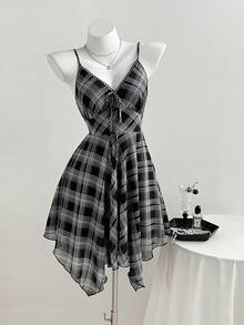 Elamini Women's Casual Classic Plaid Chiffon V-Neck Waist Asymmetrical Hem Dress, Spring/Summer - Multicolor - View 1