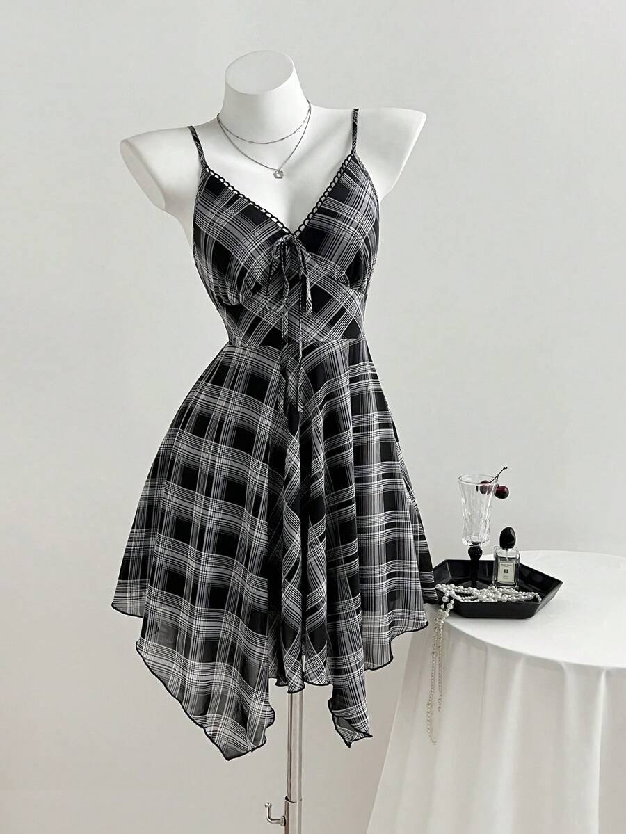 Elamini Women's Casual Classic Plaid Chiffon V-Neck Waist Asymmetrical Hem Dress, Spring/Summer - Multicolor - View 1