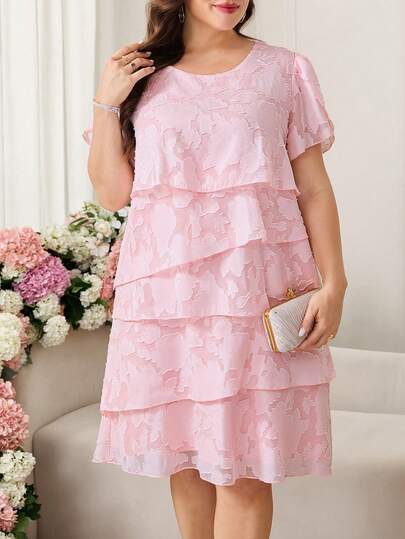 SHEIN Clasi Vestido de manga corta con cuello redondo y textura en talla grande color rosa