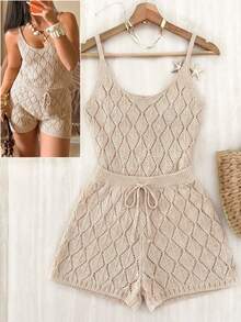 Franclia New Sexy Hollow Camisole Design Bohemian Style 2 Pieces Knit Sweater Set, Suitable For Beach Holiday, Summer - Khaki - View 10