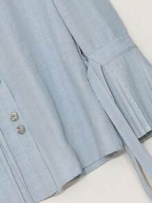 DAZY Women's Casual Textured Plaid Pleated Waist Belt Shirt, Spring/Summer - Blue - View 8