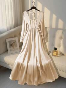 Franclia Plus Size Women's French Style Casual Elegant Square Neck Long Sleeve Dress - Apricot - View 2
