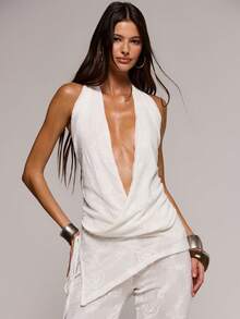 MUSERA Paisley Print Cowl Plunge Front Sleeveless Top Spring Summer Sexy Date Night Club Festival Holiday Night Out Vacation Soul Ties - White - View 1