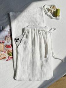 SHEIN EZwear 夏季纯色褶皱纹理面料宽松抽绳腰带休闲度假阔腿裤，大码 - 白色 - 查看 5