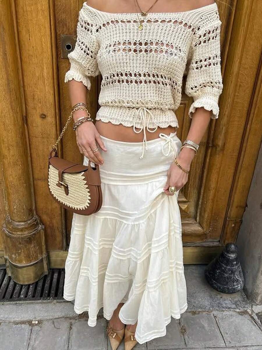 SHEIN Frenchy 波西米亚风层叠长裙，优雅高腰飘逸白色沙滩裙，女士纯色A字系带休闲百搭半身裙，适合夏季、春季、情人节、狂欢节、海滩、派对、婚礼等场合，优雅休闲。 - 杏色 - 查看 1