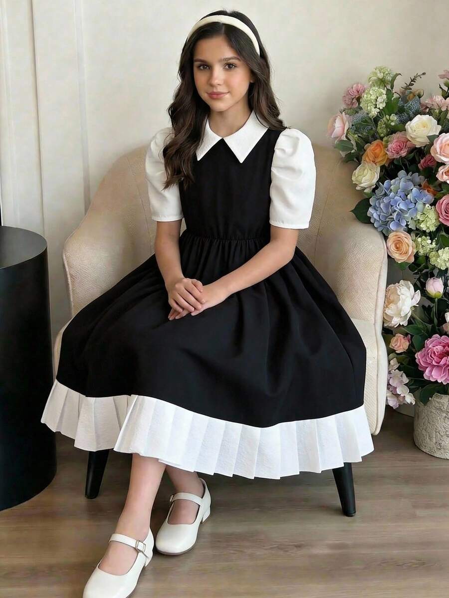 SHEIN This One-Piece Girl's Youth Dress Features A Fashionable And Elegant Style With A Small V-Neck, Puff Sleeves, A Fitted Waist, And A Wide A-Line. - Black and White - View 1