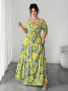 Elenzga Bộ đồ 2 mảnh dành cho nữ cỡ lớn, kiểu dáng thanh lịch, trẻ trung, đa năng, gồm áo trễ vai, tay phồng, thắt nơ ở eo và chân váy xòe, phù hợp cho kỳ nghỉ, dạo phố, đi làm và hẹn hò. - Nhiều màu - Xem 7