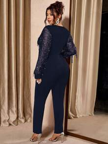 SHEIN Allurite Bộ jumpsuit dài tay cổ chữ V bằng vải lưới, đính sequin và hạt cườm, cỡ lớn, thanh lịch. - Màu xanh hải quân - Xem 2