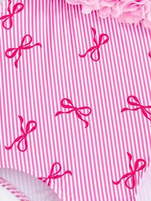 SHEIN Emery Rose Kids 小女孩可爱数码印花粉色蝴蝶结连体泳衣，适合海滩和泳池度假 - 淺粉色 - 查看 10