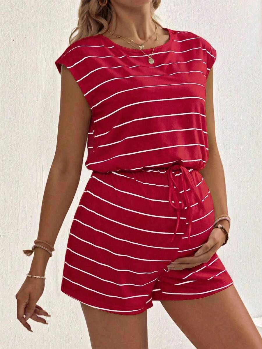 SHEIN Maternity Striped Print Round Neck Tie-Front Casual Jumpsuit, Summer - Red - View 1