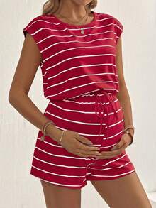 SHEIN Maternity Striped Print Round Neck Tie-Front Casual Jumpsuit, Summer - Red - View 4