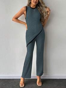 SHEIN Maternity Summer Casual Contrast Trim Asymmetric Hem Ribbed Tank Top And Pants 2 Pieces Set - Dusty Blue - View 3
