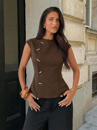 Aloruh Blazer de mujer minimalista de oficina/viaje con cuello redondo, sin mangas, cintura ceñida y decoración metálica, para primavera/verano