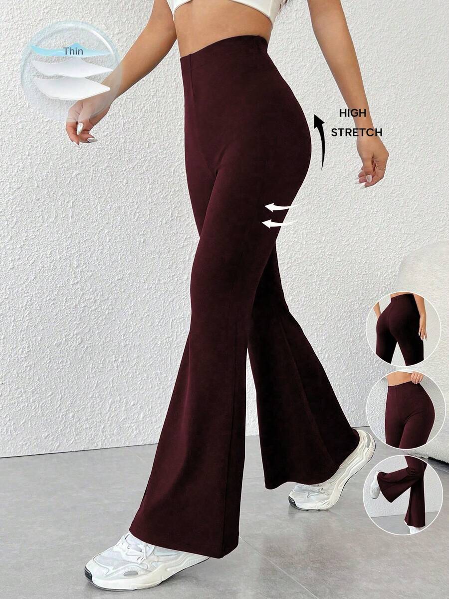 SHEIN PETITE 女士休闲运动日常通勤纯色高腰提臀喇叭裤阔腿裤女士高腰阔腿紧身裤女士高个子长裤女士喇叭打底裤阔腿瑜伽裤 - 酒紅色 - 查看 1
