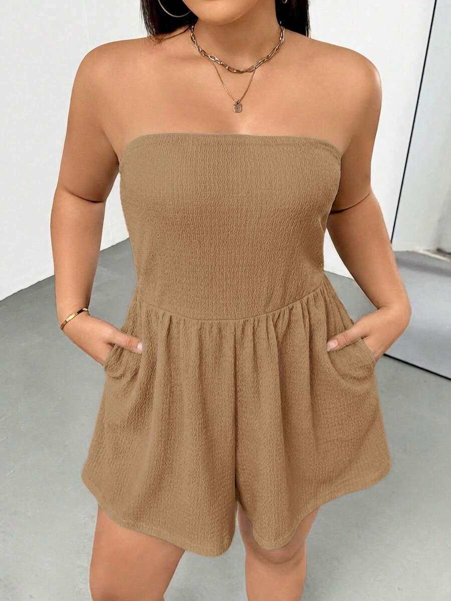 SHEIN Essnce 大码女式夏季休闲度假及日常通勤简约纯色纹理面料宽松无袖连体裤,带侧袋 - 卡其色 - 查看 1