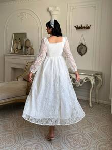 Lyrianda 大码女士休闲优雅蕾丝连衣裙，适合婚礼季 - 米色 - 查看 2